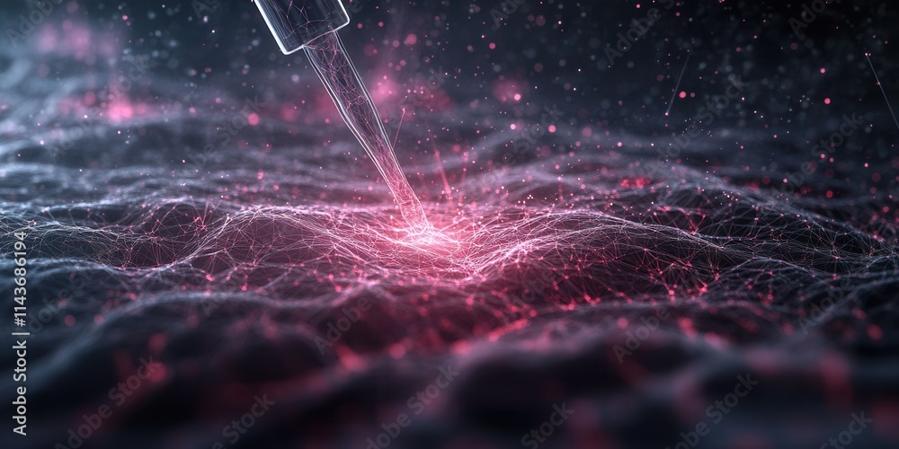 Poster A close-up view of a pipette injecting a glowing substance into a textured surface, creating a captivating visual of science and innovation.