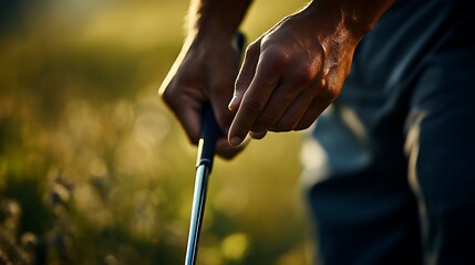 A close-up of hands gripping a golf club in a sunlit outdoor setting.