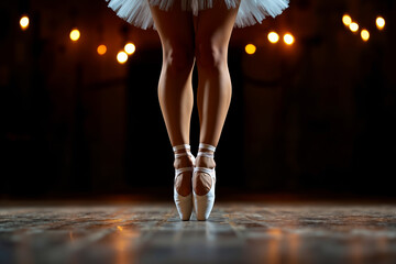 A close up of a ballerina's legs in pointe shoes on a dance floor