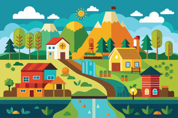 This colorful rural setting showcases unique houses, a river, and majestic mountains under a sunny sky Rural Customizable Unequal Picture