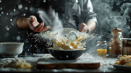A dynamic food action shot of a chef sprinkling flour over dough, a splash of mid-air