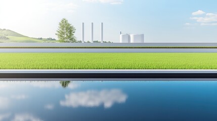 A serene landscape featuring green fields, a reflective water surface, and industrial structures in the background, a blend of nature and industry.