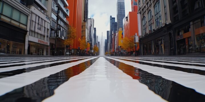 A street view features striking black and white stripes leading toward towering skyscrapers, framed by vibrant autumn colors in the city. - Powered by Adobe