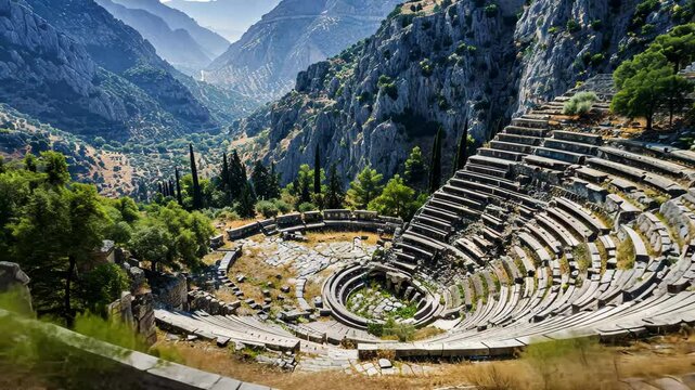 The ancient theater in Delphi showcases its remarkable stone structure, surrounded by majestic mountains and lush greenery under a clear sky in the early morning hours.