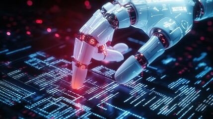 Advanced Robotic Hand Interacting with Digital Data on Futuristic Interface with Neon Glow