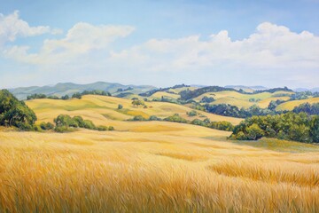 An endless expanse of golden fields captures the warmth of the sun, flowing into rolling hills of green that lead to a distant forest