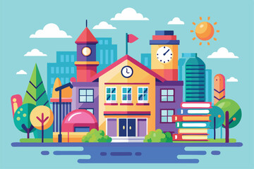 Fototapeta premium The illustration features a vibrant school building with trees, books, and city architecture under a sunny sky School illustration that can be customized.