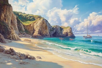 An untouched beach radiates calmness, its soft sands kissed by the gentle waves of a turquoise sea. Towering cliffs, rich with greenery