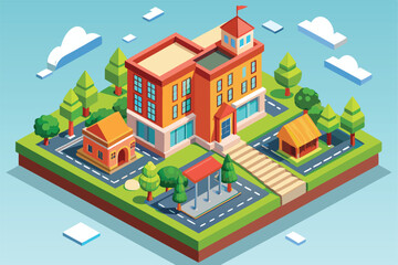 A vibrant school environment showing a large building, smaller structures, and green trees on a sunny day School illustration that can be customized.