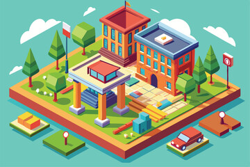 This illustration depicts a lively school environment with customizable buildings, trees, and outdoor areas School illustration that can be customized in isometric style.