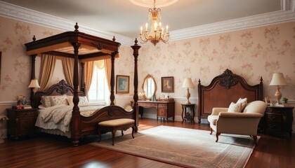 Fototapeta premium Bedroom Interior Design with Vintage Concept - Hotel Bedroom Interior - Apartment Bedroom Concept - Interior Design - Vintage Style