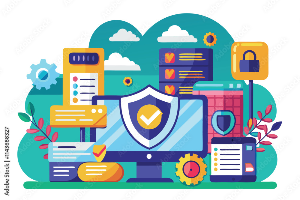 Poster this colorful flat illustration features various secure technology elements in a digital workspace s