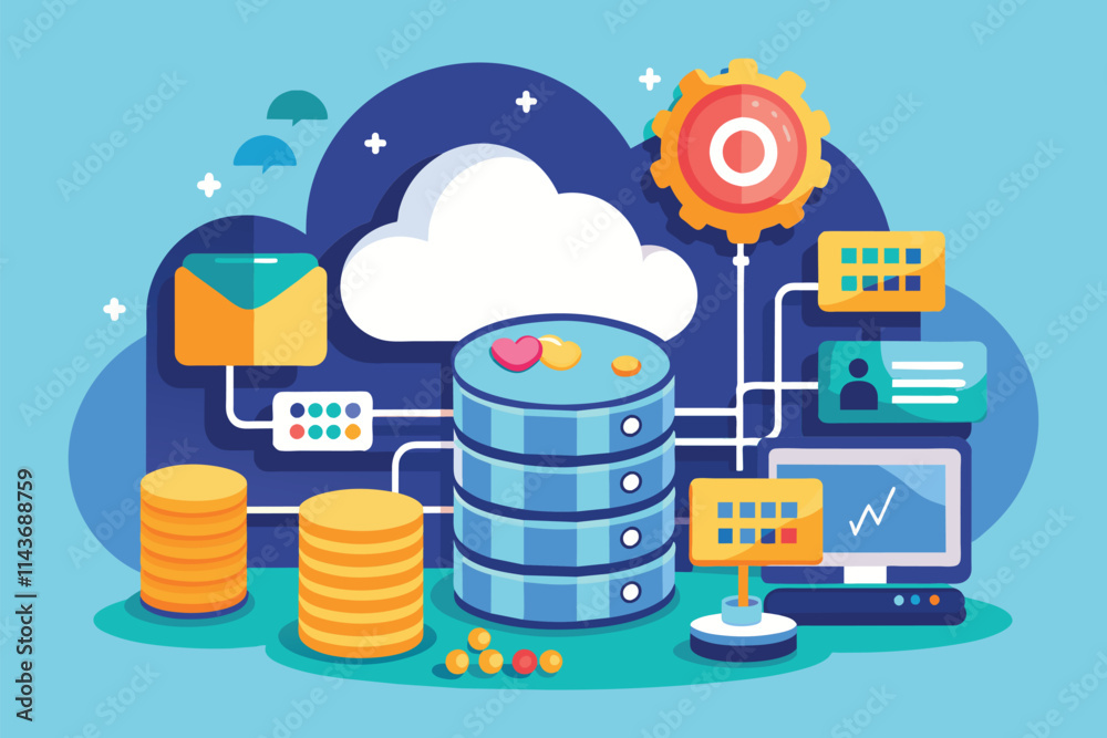 Poster Data is illustrated as stored in a cloud service using various digital elements representing security and access Securely store data in the cloud with internet database and flat illustrations.