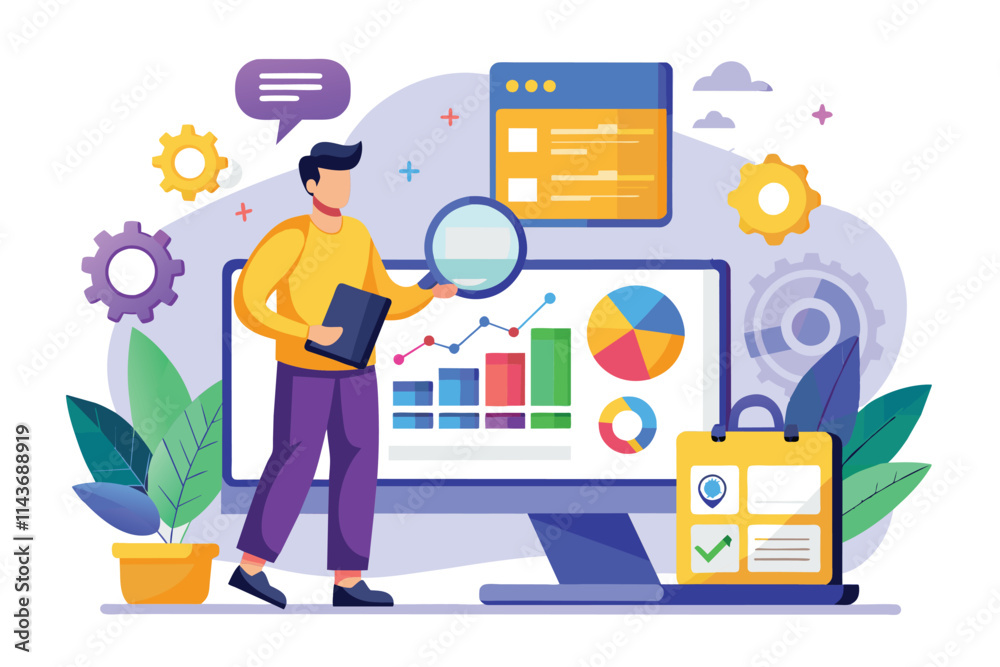 Poster a person analyzing data using charts, graphs, and tools in a professional office setting with colorf