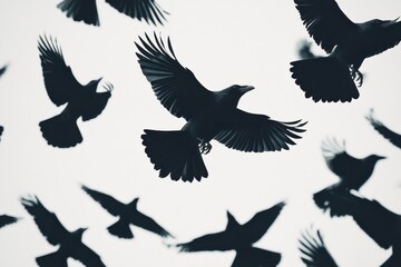 Obraz premium Black silhouettes, flying crows, ravens in motion, dynamic bird poses, spread wings, detailed feathers