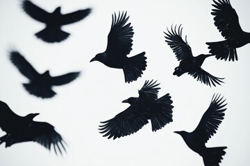 Black silhouettes, flying crows, ravens in motion, dynamic bird poses, spread wings, detailed feathers