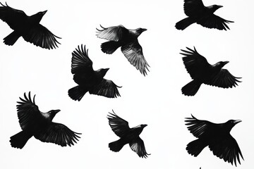 Black silhouettes, flying crows, ravens in motion, dynamic bird poses, spread wings, detailed feathers