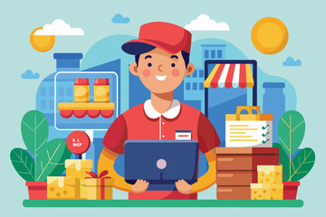 A seller showcases a vibrant flat illustration product in a lively urban environment with various items Seller promoting flat illustration product.