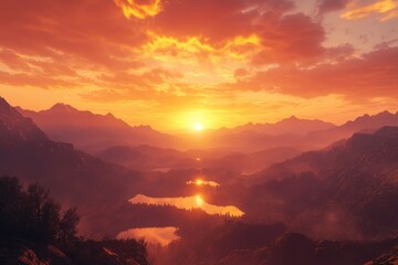 Fototapeta premium Breathtaking mountain sunset, vibrant orange and pink sky, dramatic clouds, sweeping