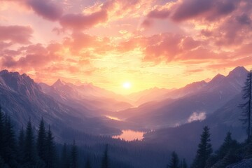 Obraz premium Breathtaking mountain sunset, vibrant orange and pink sky, dramatic clouds, sweeping