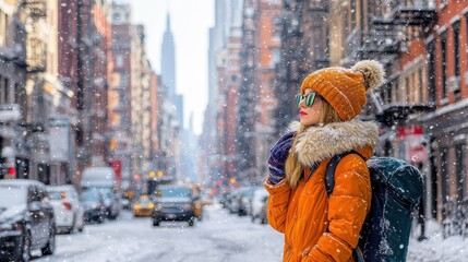 Fototapeta premium Elegant woman embracing winter fashion in urban street lifestyle photography amidst snowy cityscape