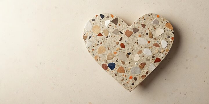 A heart-shaped terrazzo coaster with multicolored stone inlay on a beige surface