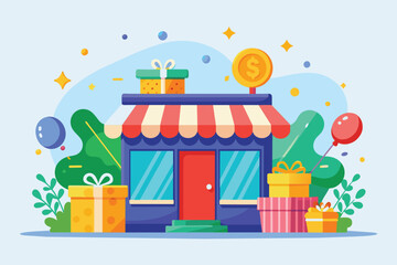 A vibrant shop design showcasing a giveaway marketing strategy with gifts and festive elements Shop giveaway, marketing strategy, flat illustration simplified.