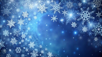 Fototapeta premium Winter Wonderland Festive Blue Background with Sparkling Snowflakes and Glimmering Lights