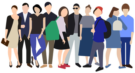 Fototapeta premium Ten fictional characters, men and women, a dense mixed crowd. Flat vector illustration isolated on white background.