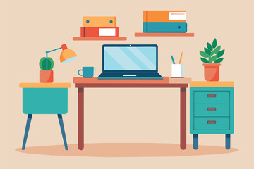 A simple desk showcases a laptop, notebook, plants, and stationery, creating a cozy workspace atmosphere Simple desk with laptop and notebook illustration