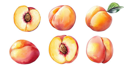 watercolor illustration of six peaches in different views - whole. half. and side view perfect for branding. packaging. and food-related designs
