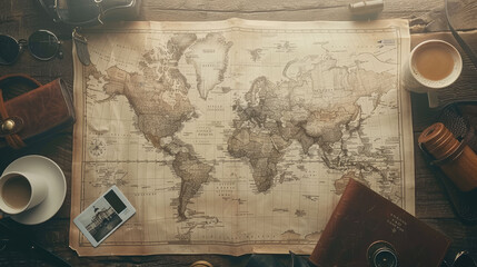 Flat lay background featuring a vintage map spread across a rustic wooden surface, surrounded by travel essentials