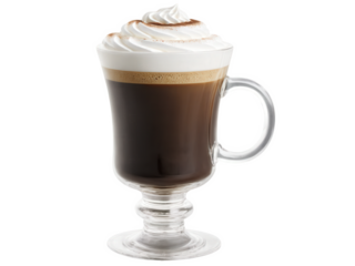 Irish Coffee A cocktail of hot coffee, whiskey, sugar, and cream. From the side, you can see the layers