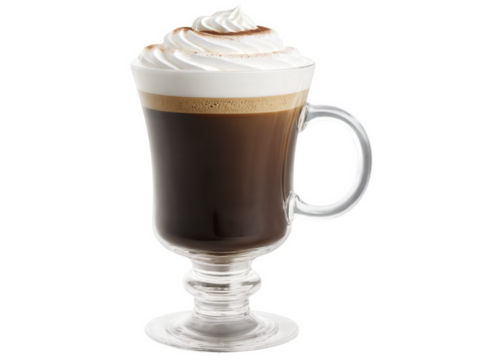 Irish Coffee A cocktail of hot coffee, whiskey, sugar, and cream. From the side, you can see the layers