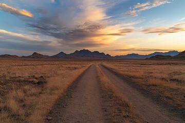 Naklejka premium Desert landscape, long straight road, distant mountains, dramatic sunset sky, dusty atmosphere
