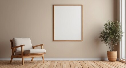 Fototapeta premium Modern minimalist room interior design with armchair and blank frame