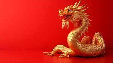 Fototapeta premium Golden dragon statue on red background.