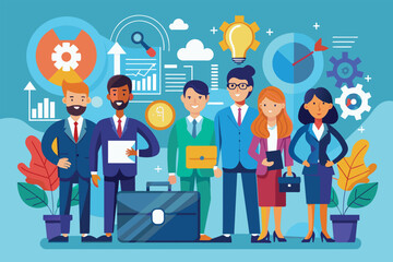 A group of professionals in business attire engages in a collaborative effort to strategize and plan Stock business management company workers in a flat illustration.