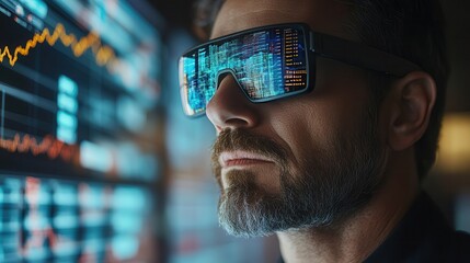 A man with a beard wears futuristic glasses displaying digital data, set against a backdrop of graphs and charts.