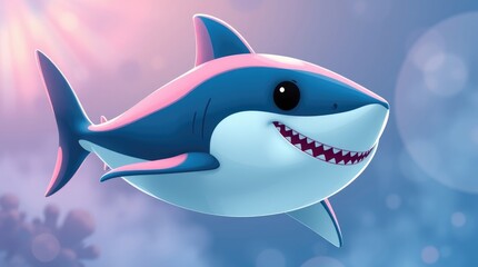 Obraz premium A playful marinebaby shark swims through a joyful underwater realm, surrounded by bright coral and sparkling sunlight, evoking a sense of wonder and fun