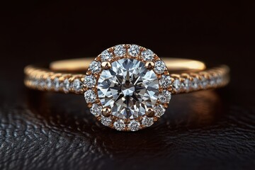 Elegant diamond engagement ring gold band pave diamonds large center stone macro photography