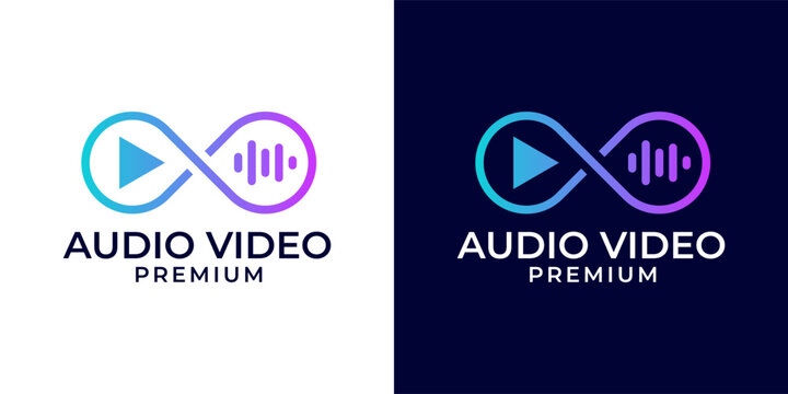 Infinity play media line logo design vector. Play video icon with audio spectrum logo design template. Vector logo template of invinity, audio, spectrum, wave, play, video.