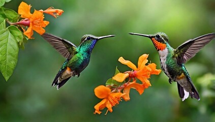Fototapeta premium Hummingbird with orange flower - flight. Green Violet-ear, Colibri thalassinus, hummingbird with green leaves in natural habitat, Panama. 