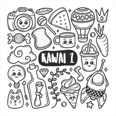 Kawaii Icons Hand Drawn Doodle Coloring Vector