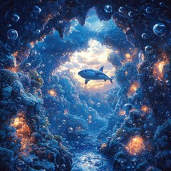 Fototapeta premium A stunning underwater realm comes alive with colorful corals, glittering bubbles, and a curious shark swimming gracefully as evening colors illuminate the depths