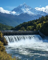 Fototapeta premium A dramatic scene of a hydroelectric dam with rushing water, set against a backdrop of verdant forests and majestic mountains under a crisp, cloudless sky