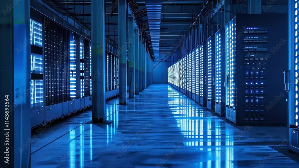 Poster rows of servers glow in blue light within a modern data center, creating a captivating view of techn