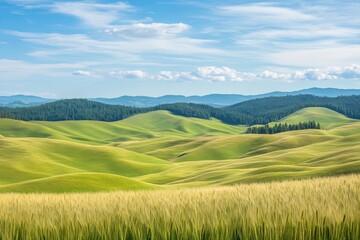 Fototapeta premium Fields of ripening golden wheat sway in the breeze blending with patches of green hills that stretch to the horizon
