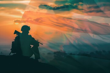 Fototapeta premium Illustration of Indian soldiers standing on top of a mountain with the flag