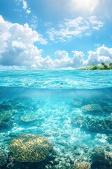 Obraz premium A diver perspective of a vibrant coral reef ecosystem stretching into the distance.
